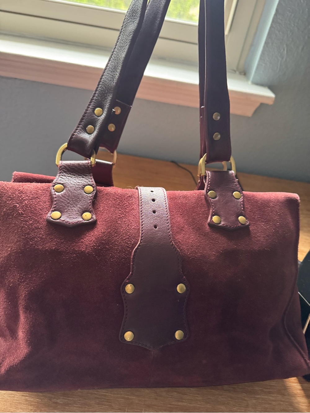 Burgundy Suede & Leather Satchel Tote with Gold Hardware - Picture 13 of 16